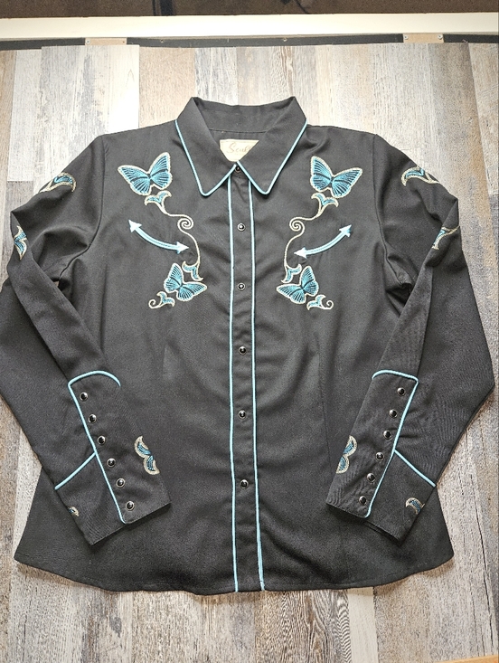 Scully Tops - Scully Western Wear Butterfly Embroidery Snap Front Women's Large Black Teal